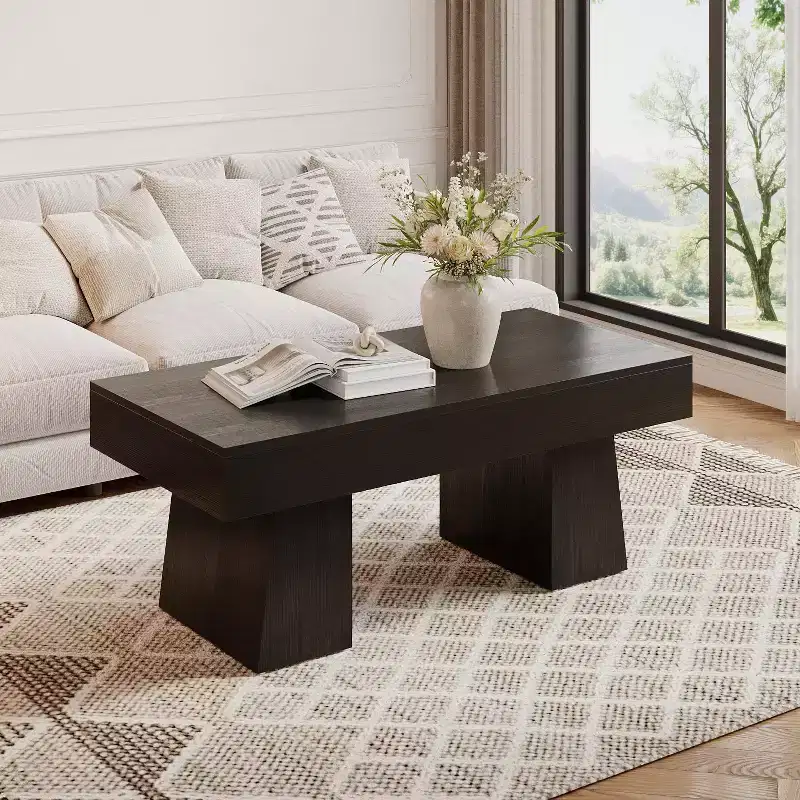 Farmhouse Coffee Table, 47 Inches Rectangular Wooden Accent Center Tables with Thick Basefor Living Room