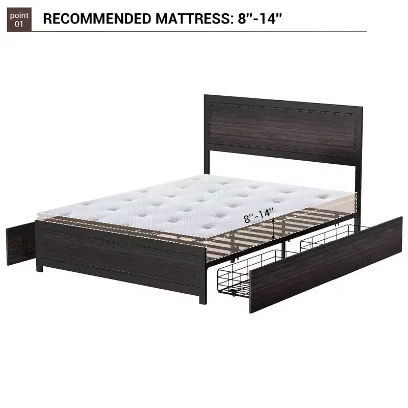 Full Size Bed Frame with 4 Storage Drawers, Metal Slats Support, No Box Spring Needed, Noise-Free Design