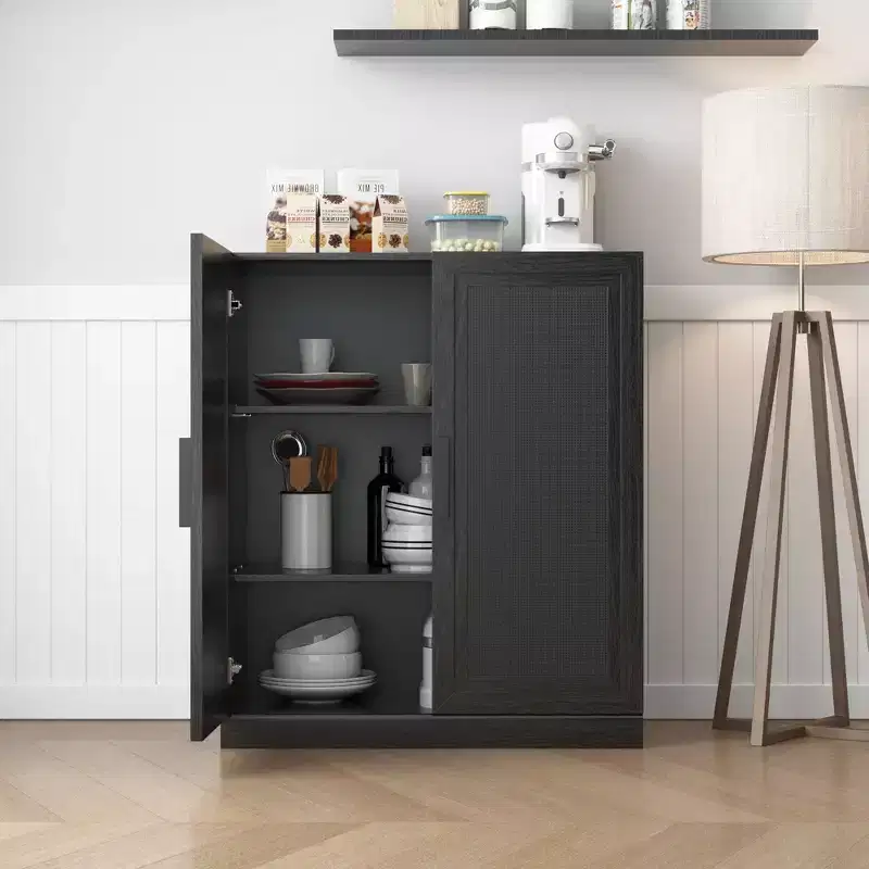 36x31x16 Wood Grain Buffet Cabinet in Black, Storage Organizer with Adjustable Shelves and Rattan Doors for Kitchen Bedroom Entryway Living Room