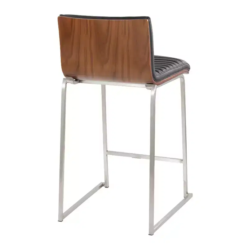Counter Height Barstools Set of 2 Walnut Wood Back Black Faux Leather Stainless Steel