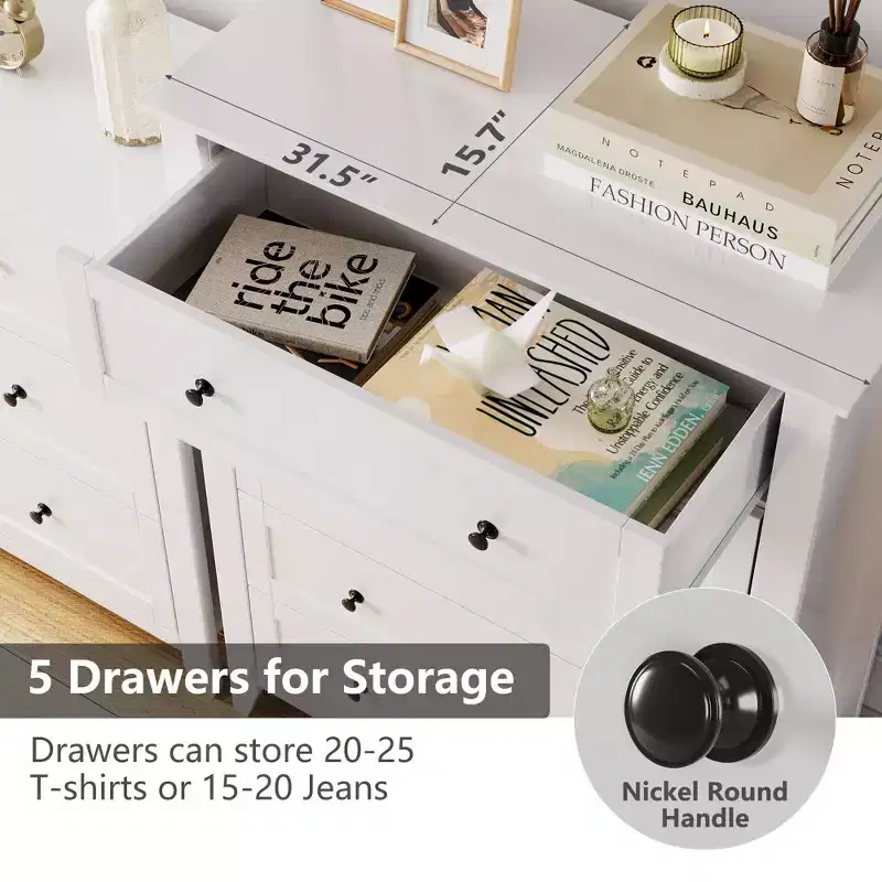 5 Drawer Dresser, 2pcs Wooden Chest of Drawers for for Office, Storage Cabinet Organizer Drawers for Living Room, Bedroom, Hallway, White