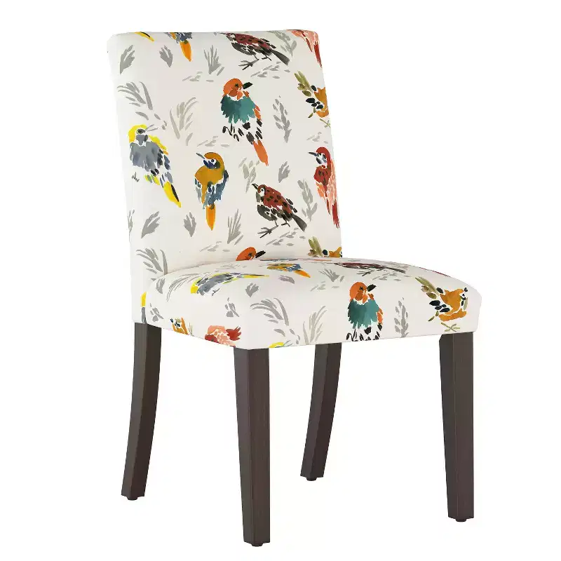 Upholstered Dining Chair with Bird Print, Linen-Cotton Barrel Back