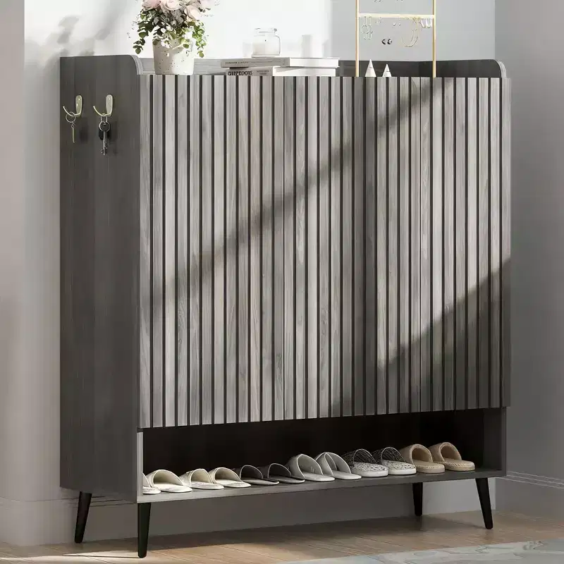 Large Shoe Cabinet with Doors, 6 Tier Wood Shoe Organizer with Adjustable Shelves and Hooks, 3-Door Entryway Shoe Rack for 30+ Pairs