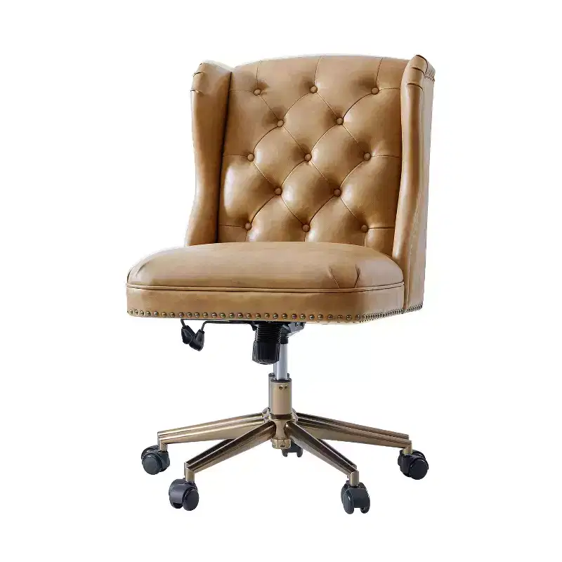 Hazel Traditional Faux Leather Wingback Office Chair — Tufted, Bronze Nailhead, Camel