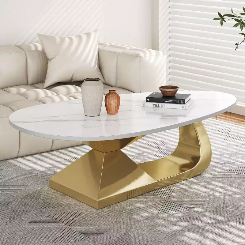 Modern Sintered Stone Coffee Table with Sculptural Stainless Steel Base, Faux Marble Pebble-Shaped