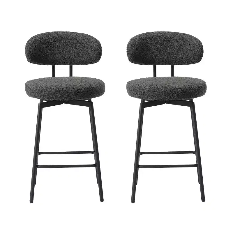 Modern Upholstered Faux Shearling Fabric Counter Height Bar Stools with Back (Set of 2