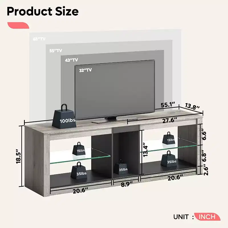 Particle Board TV Stand with Glass Shelves 18.5''H x 55.12''W x 13.78''D