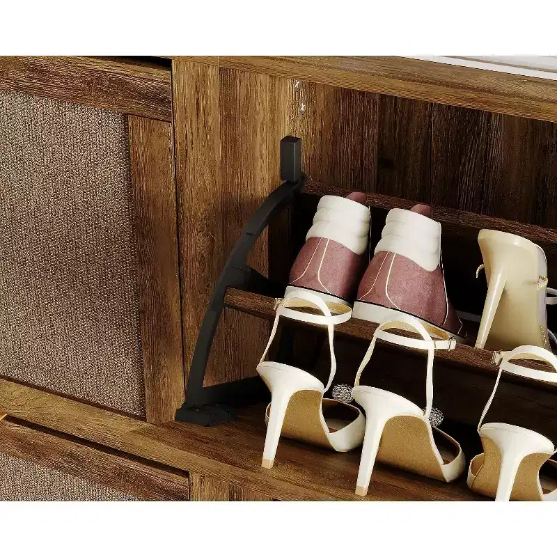 Farmhouse-style rattan shoe cabinet, 47-inch shoe rack with 4 flip-top drawers, freestanding narrow shoe rack with concealed gold handles and shelves