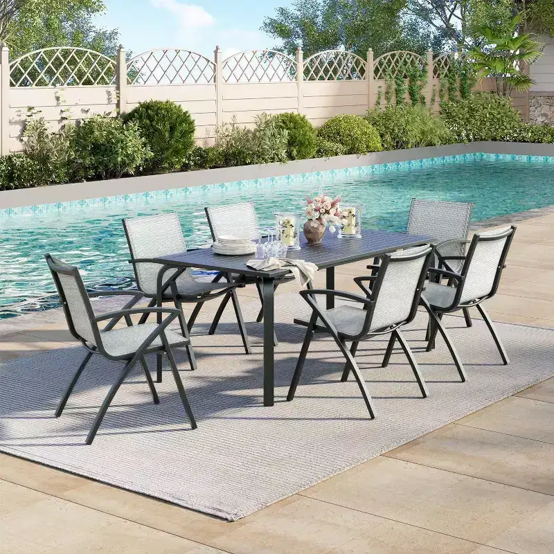 Acekool 7-Piece Patio Dining Set for 6, Outdoor Aluminum Dining Table and Chairs Set, Rectangle Table with Umbrella Hole, 6 Stackable Chairs