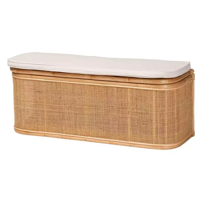 bali & pari Ishana Natural Rattan Storage Bench Natural/White: Upholstered Polyester, Plywood Frame, No Assembly Required
