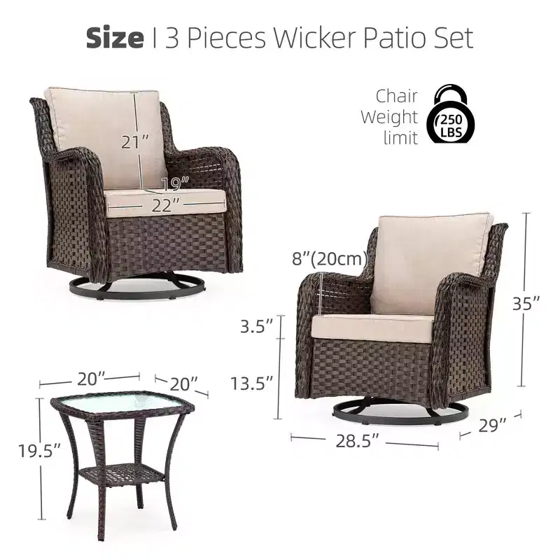 Swivel Wicker Glider Patio Chairs, 360-Degree Swivel Rocking Chair, 4 Thick Cushions and Coffee Table, for Porch, Balcony