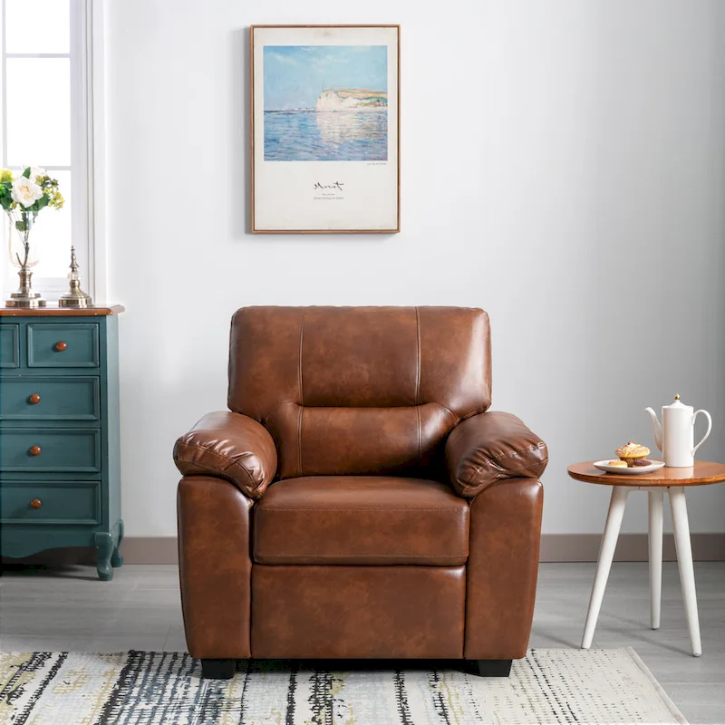 Upholstered Living Room Set, 4 Pieces - Faux Leather Chair, Loveseat, sofa with Ottoman