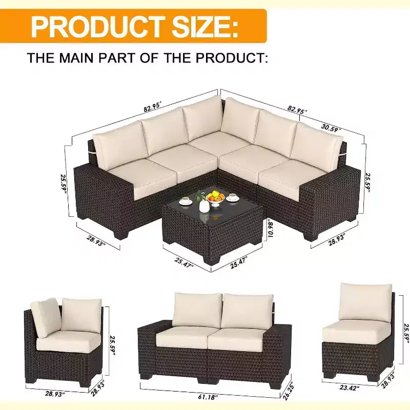 COZONY 6 Piece Outdoor Patio Set, All Weather Rattan Sectional Sofa Glass Table Cushions for Backyard Lawn