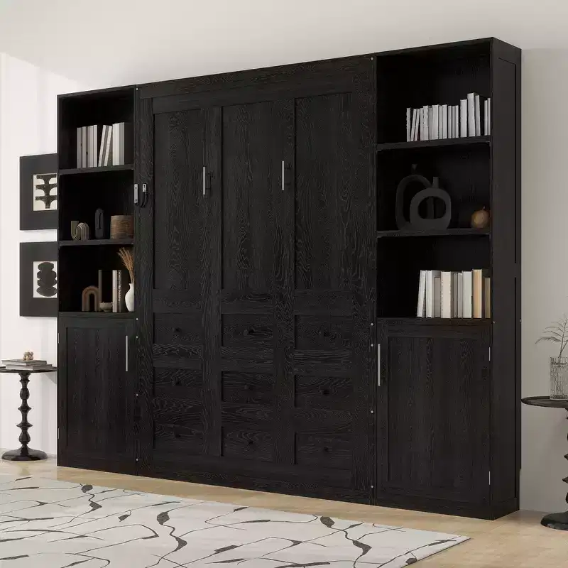 Whisen Queen Wooden Murphy Bed & Foldable Bed with Storage Shelves and Cabinets