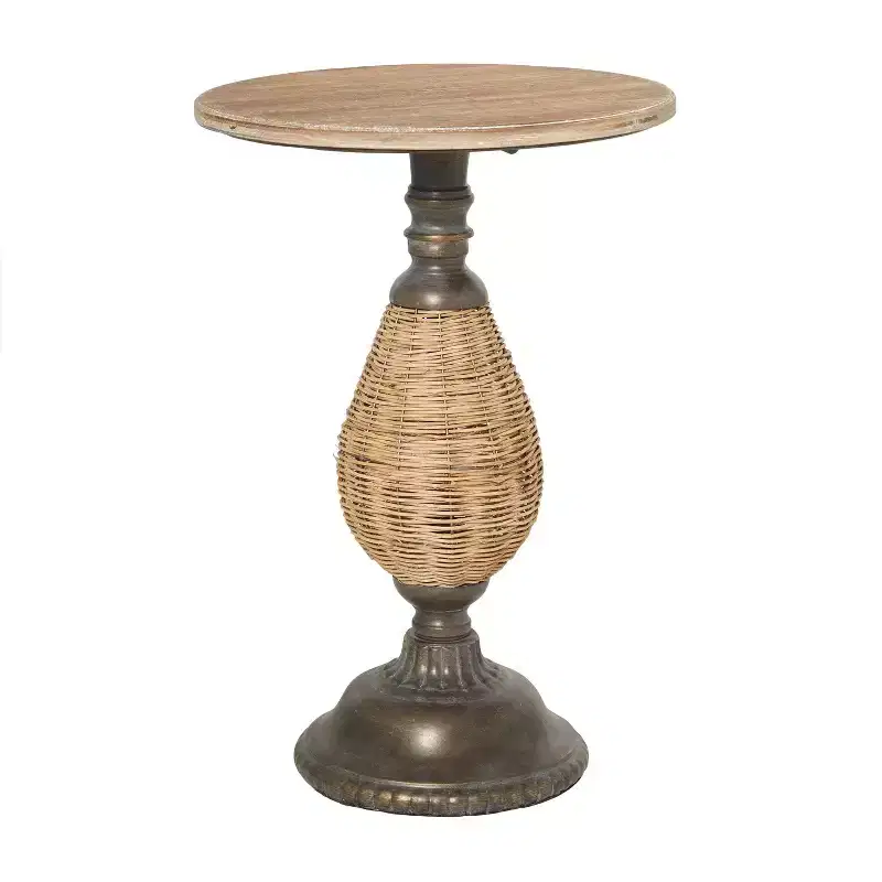 Farmhouse Metal Woven Pedestal Accent Table Brown - Olivia & May: No Assembly, Round Wood Top