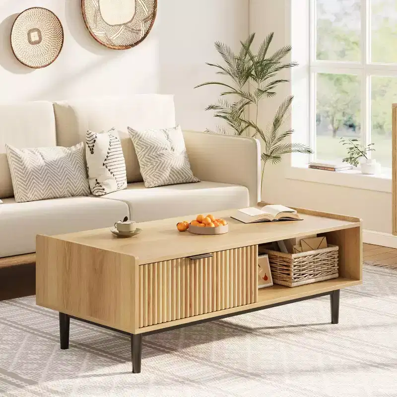 Fluted Coffee Table Light Wood Coffee Table 2 Tier Cocktail Table with Drawers