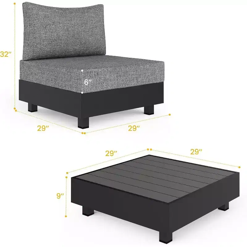 Heynemo 5 Pieces Aluminum Patio Furniture Set, Outdoor Sectional Sofa Conversation Sets with Coffee Table, Modular Armless Chairs Set for Pool, Grey