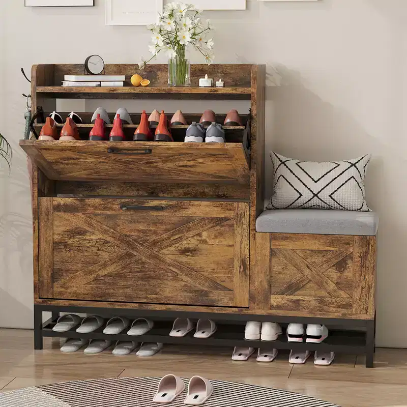 Shoe Cabinet with 2 Flip Drawers with Padded Seat Cushion - Narrow Shoe Organizer Rack for Entryway, Front Door, Foyer, Hallway, Antiseptic Wood