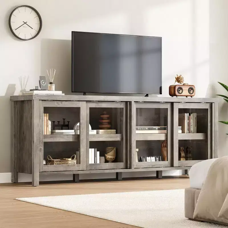 TV Stand for 65 Inch, Entertainment Center with Storage Cabinet and 4 Sliding Glass Doors, Mid Century Modern Media TV Console Table for Living Room