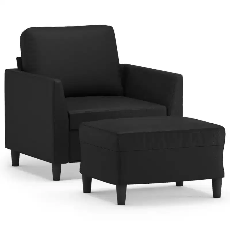 Accent Single Sofa Armchair with Footstool, Faux Leather - Black