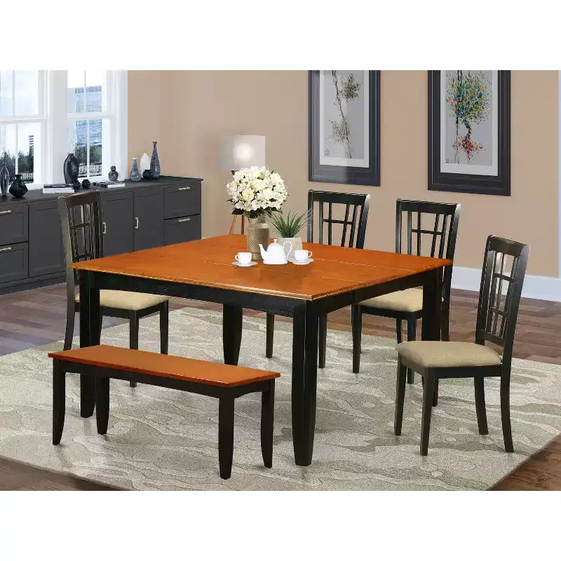 HomeStock 6-Piece Square Black & Cherry Finish Solid Wood Top dining Table with 1-Bench and 4-Chairs