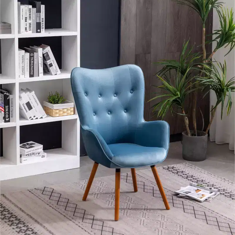 Contemporary Silky Velvet Tufted Button Back Accent Chair, Blue