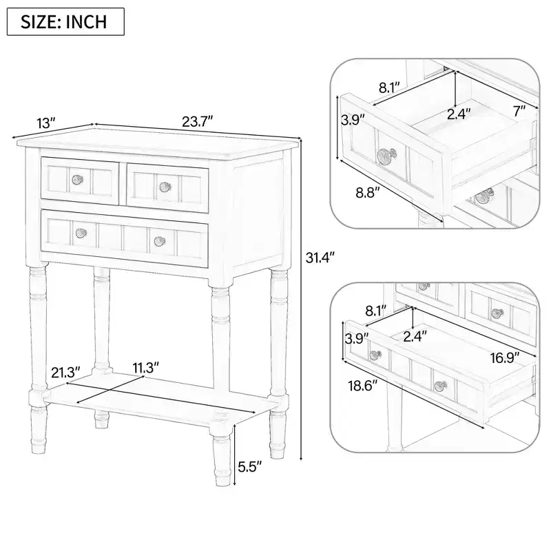 Narrow Console Table, Slim Sofa Table with Three Storage Drawers and Bottom Shelf (Dark Blue)