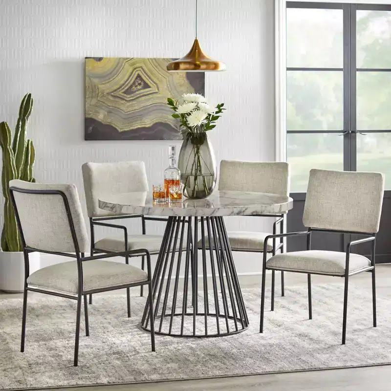Lifestorey 5pc Indra Dining Set Cream: Faux Marble Top, Black Metal Base