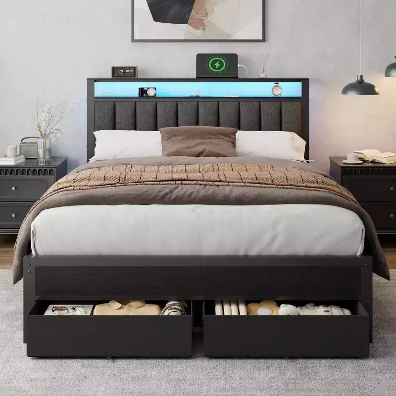 Queen Platform Bed Frame with Charging Station LED Lights 2 Storage Drawers Grey Upholstered Headboard Metal Support No Box Spring Needed