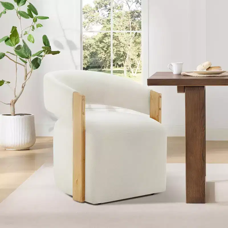 Upholstered Dining Chair with Wood Armrests and Hidden Wheels