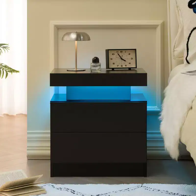 Nightstand LED Bedside Table Cabinet Lights Modern End Side with 2 Drawers for Bedroom (Black)