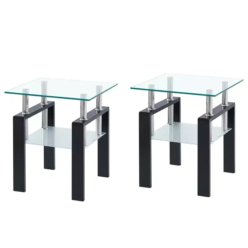 Set of 2 Clear Tempered Glass End Tables, Modern Side Tables for Living Room and Bedroom