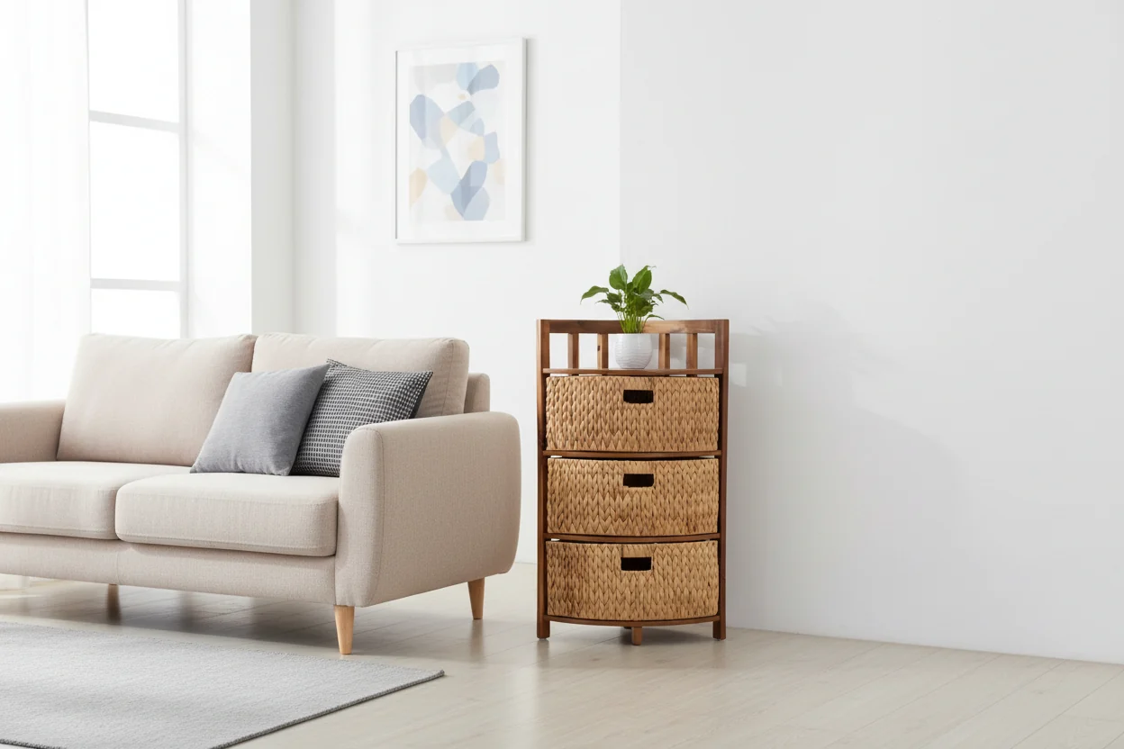 Handcrafted Acacia Wood 3-Tier Corner Storage Cabinet with 3 Water Hyacinth Baskets
