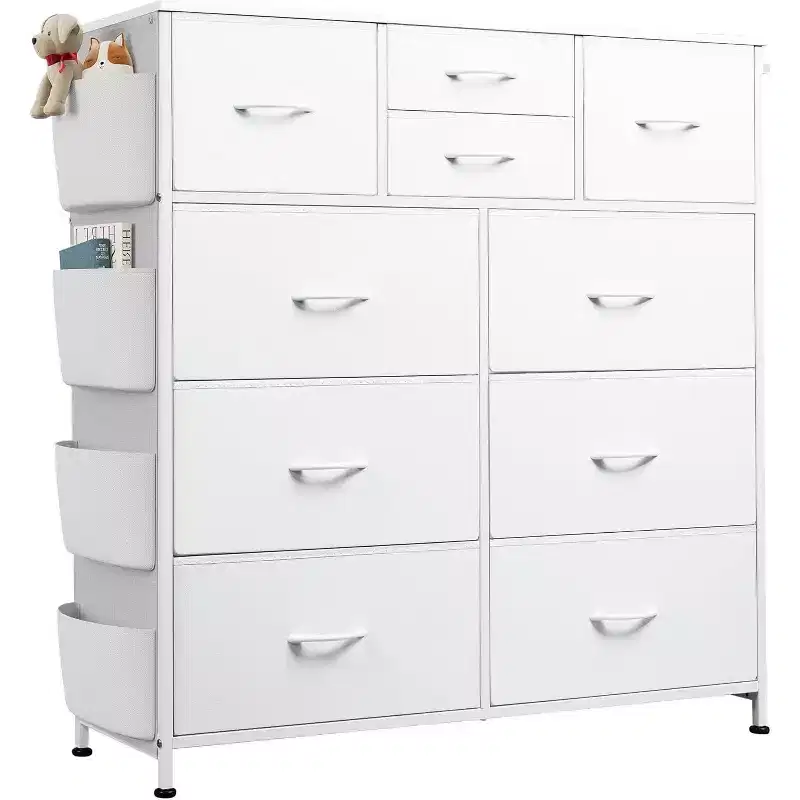 10-Drawer Storage Dresser with Side Pockets & Hooks for Bedroom, Living Room, Hallway, Closet, PU Finish, Sturdy Metal Frame, White