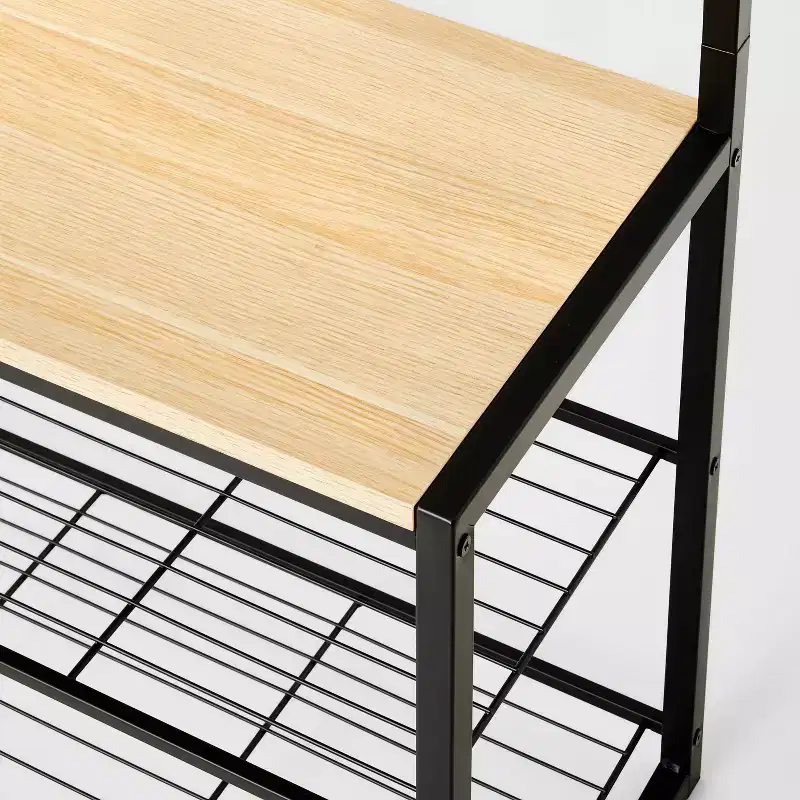 3 Tier Entry Bench with Hooks Black Metal with Natural Wood - Brightroom™