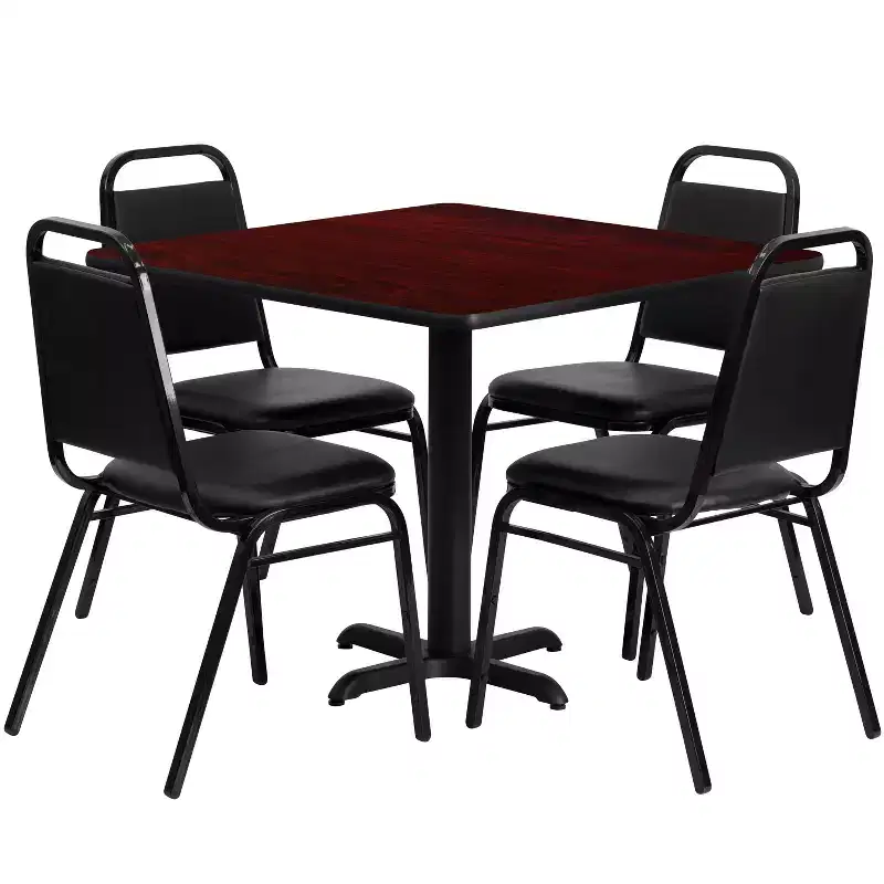 Emma and Oliver 36 Square Laminate X-Base Table Set with 4 Banquet Chairs