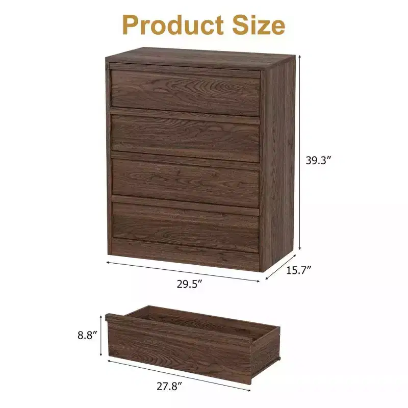 4 Drawer Dresser for Bedroom, Wooden Storage Cabinet Organizer with Large Drawers, Nightstand Table for Living Room Entryway, Walnut
