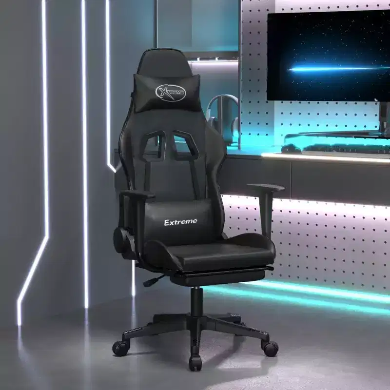 vidaXL Massage Gaming Chair with Footrest, Black, Faux Leather