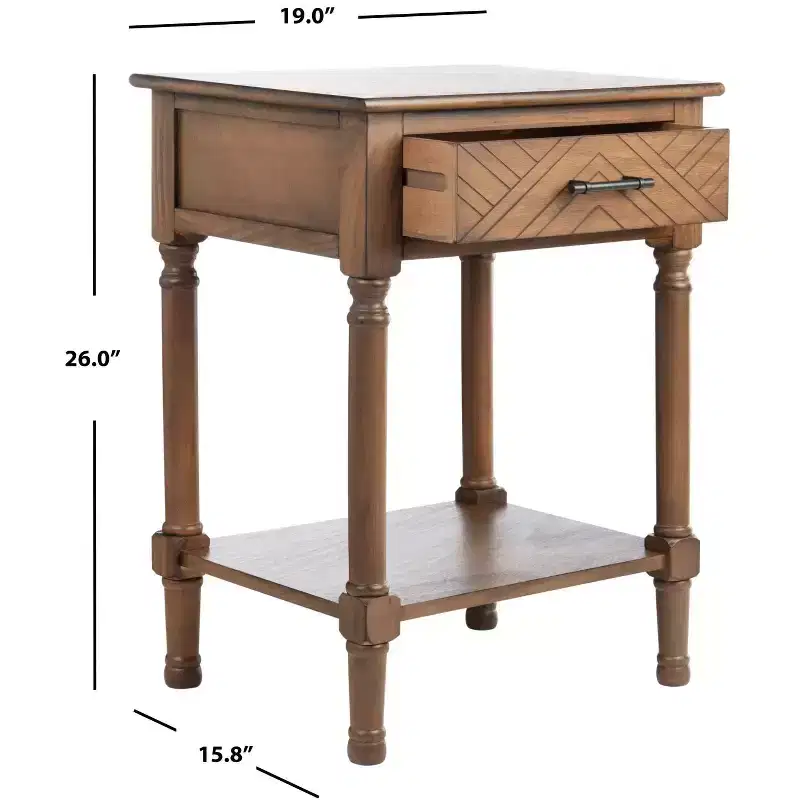 1-Drawer Accent Side Table with Herringbone Detail & Open Shelf, Distressed White