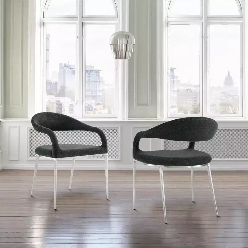 Set of 2 Upholstered Brushed Stainless Steel and Fabric Dining Chairs Charcoal