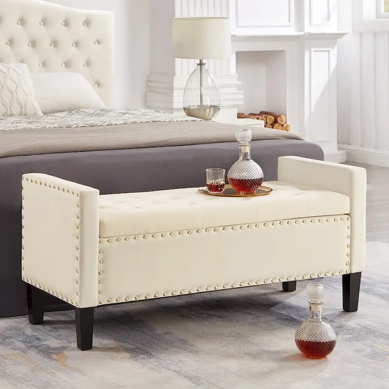 Upholstered Tufted Button Storage Bench with Nails Trim and Arms