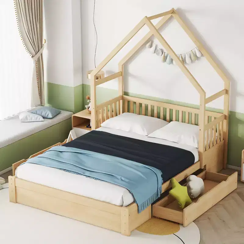 Queen Size House Platform Bed with 2 Storage Drawers, Wood Kids Bed Frame with Shelves and Guardrail