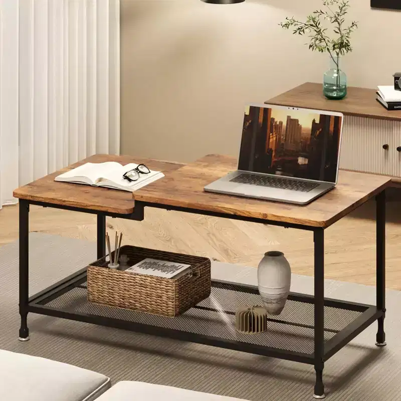 GustoWave Small Wood Coffee Table, 2-Tier Center Table with Mesh Shelf Storage for Living Room, Bedroom, Office, Rustic Brown