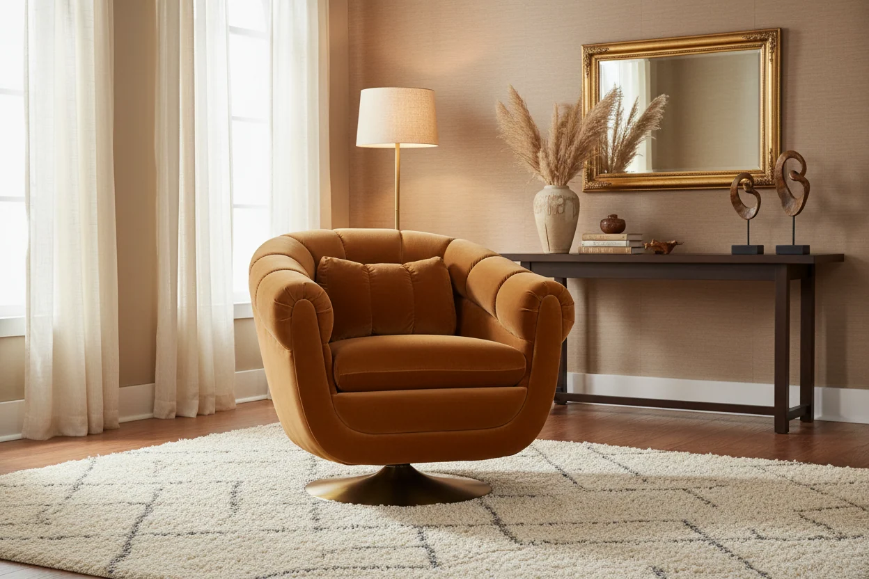 Classic Club-Style Cotton Swivel Lounge Chair with Electroplated Steel Base