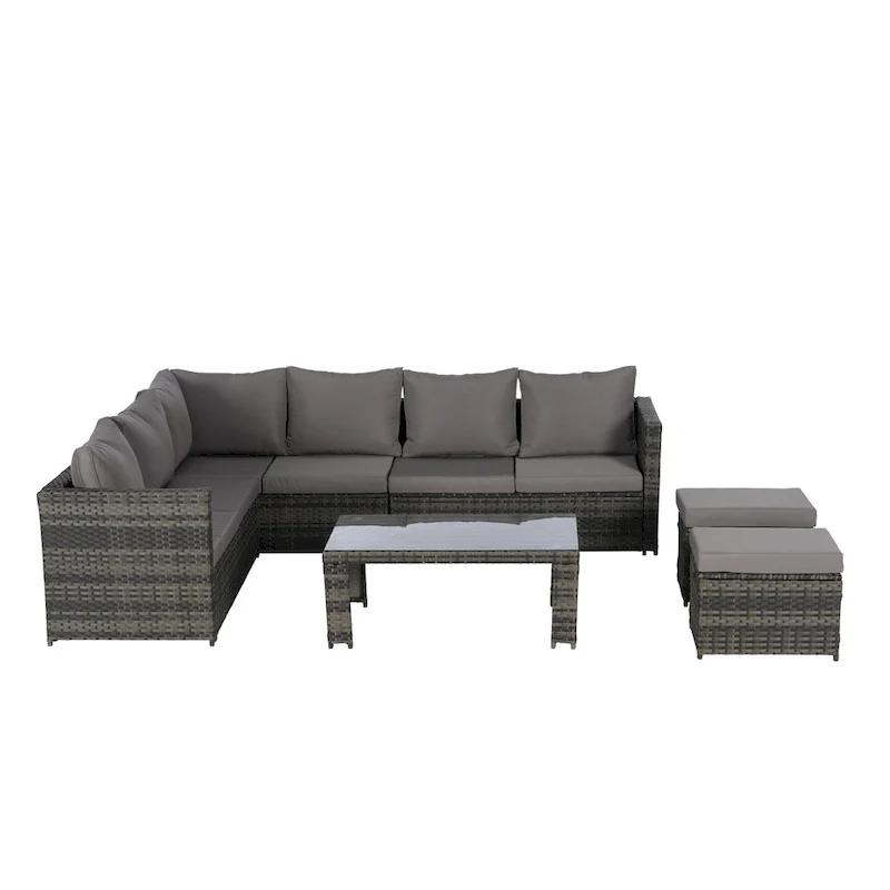 6-Piece Rattan Sectional Sofa Set with Glass Table