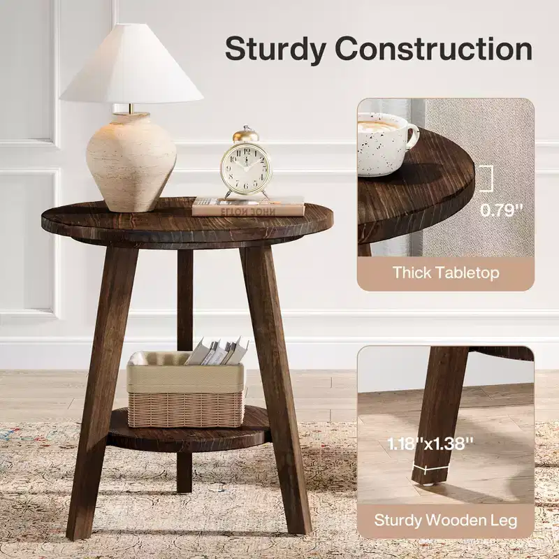 Solid Wood Round End Table with Storage Shelf - Farmhouse, Dark Brown