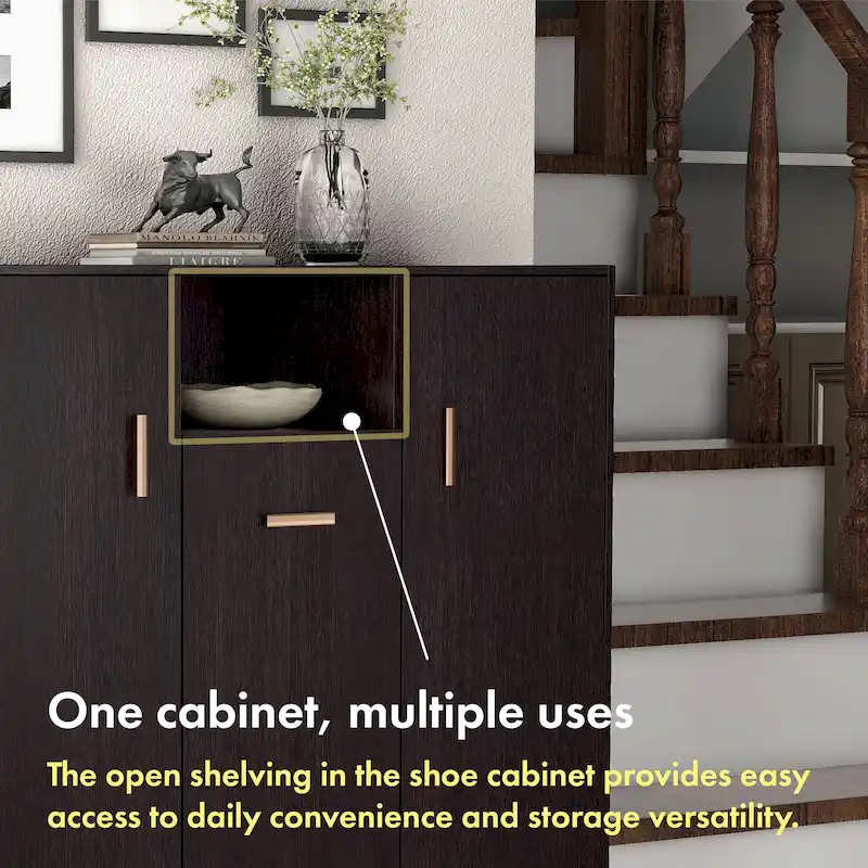 Modern 32-Inch Shoe Cabinet with Adjustable Shelves and Metal Handles