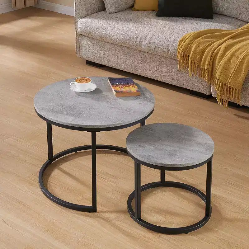24 Round Nesting Table, Accent Coffee Table, Grey Faux Concrete Wood Finish, Space-Saving, Modern Industrial Style