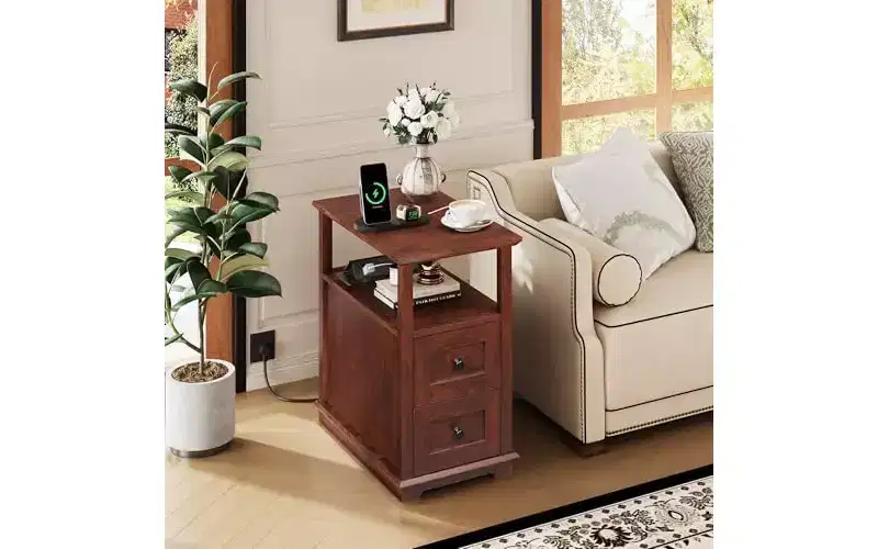 DEXYLLO Narrow Side Table with Charging Station, Wooden End Table with 2 Drawers, End Tables Living Room, Bedroom, Small Space