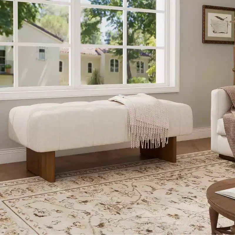 Christopher Knight Home Korin Modern Rubberwood Linen Upholstered Tufted Bench